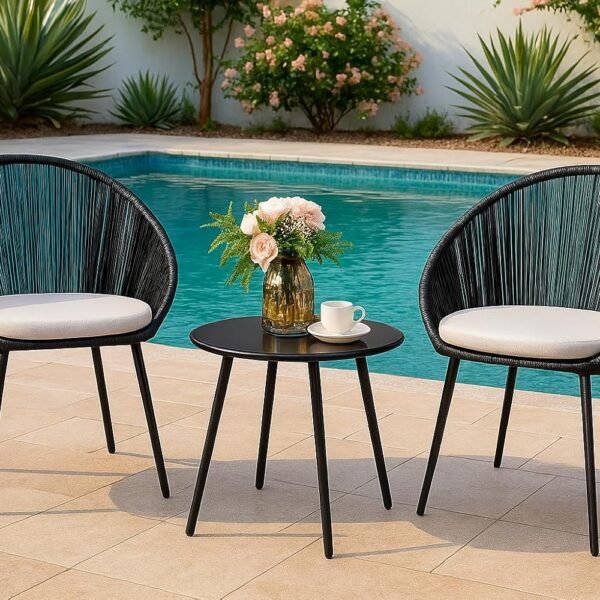LOCCUS 3-piece crown design patio set with black rope chairs, off-white cushions, and round table for balcony or garden.