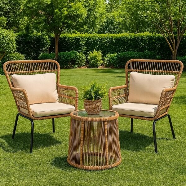 LOCCUS 3 piece outdoor rope patio bistro set with beige woven chairs cushions and glass top table for balcony garden porch
