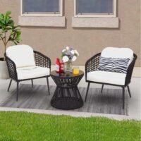 LOCCUS 3-piece outdoor patio furniture set with rope woven chairs and round table for balcony or garden seating.