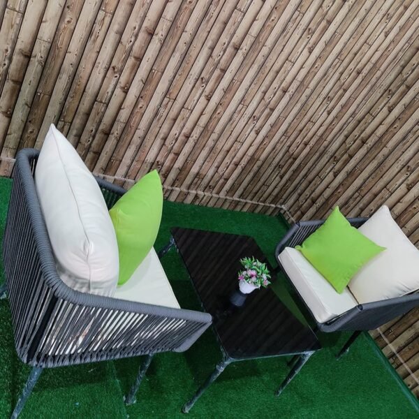 LOCCUS PE rattan outdoor furniture set with two cushioned chairs and glass-top table for balcony or garden