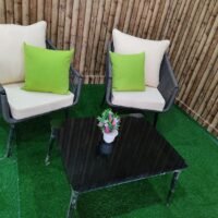 LOCCUS PE rattan outdoor furniture set with two cushioned chairs and glass-top table for balcony or garden