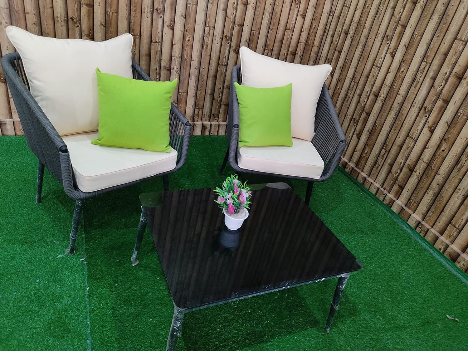 LOCCUS PE rattan outdoor furniture set with two cushioned chairs and glass-top table for balcony or garden