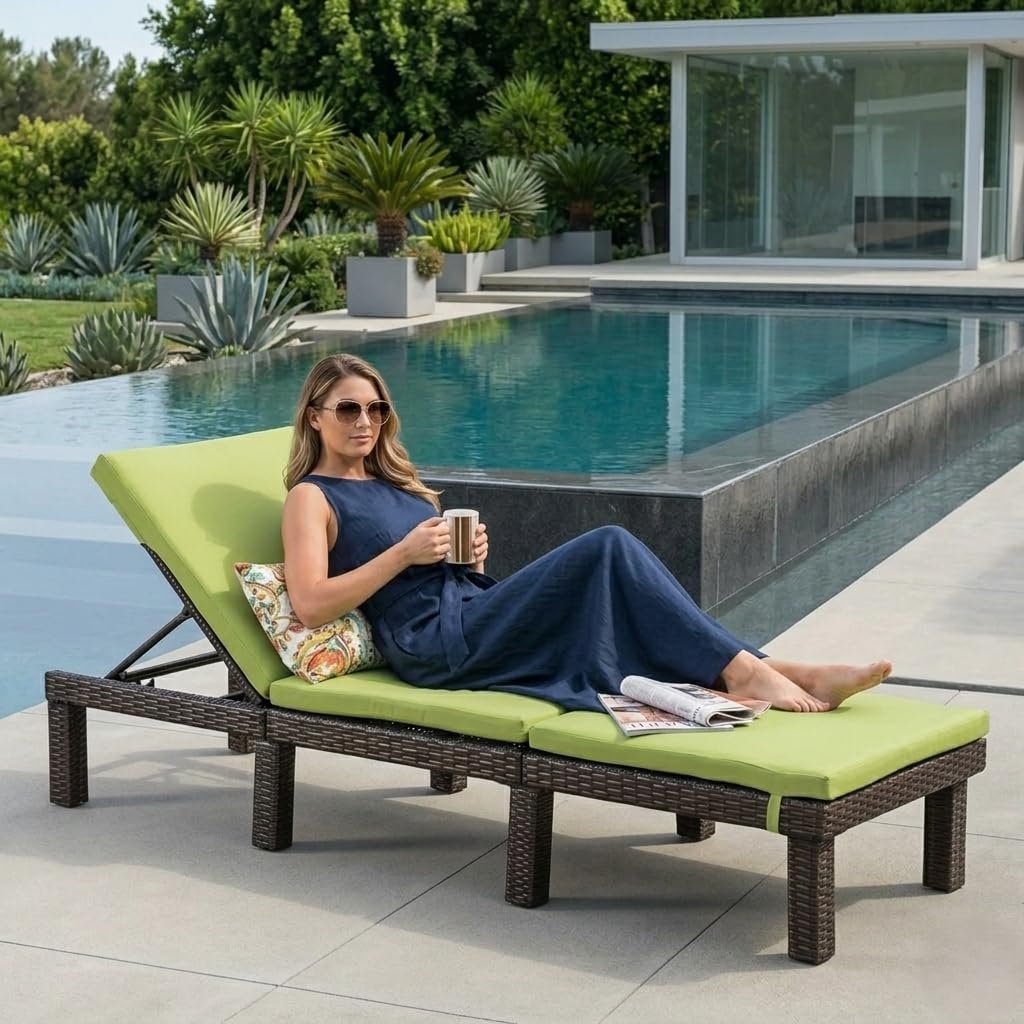 Person reclining on green cushioned wicker lounge chair beside modern swimming pool with palm trees and glass building.
