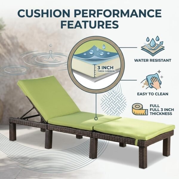 Poolside wicker recliner with green cushion, person relaxing with sunglasses, mug, and magazine in serene resort setting.