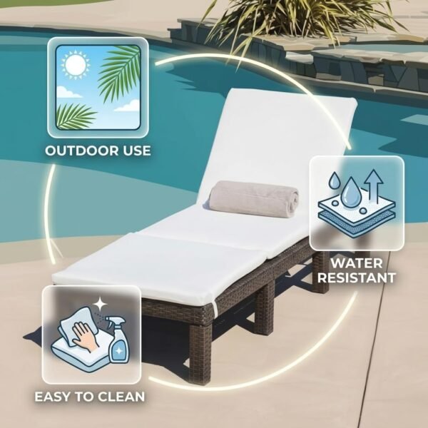 Relaxing tropical poolside scene with cushioned lounge chair, palm trees, clear water, and ocean backdrop.