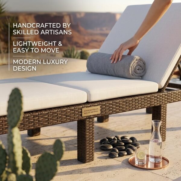 Beige cushioned lounge chair with person reclining, striped towel, palm trees, and luxury resort poolside view.