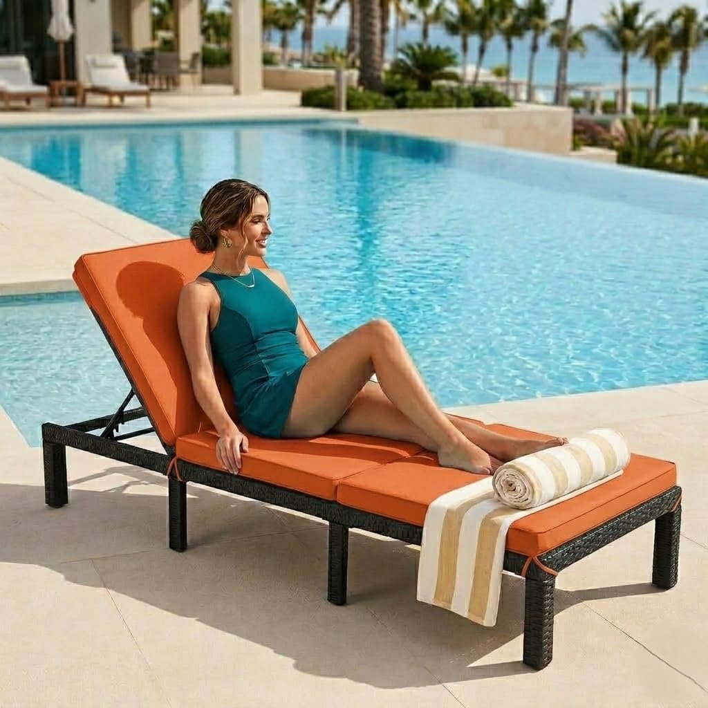 Person relaxing on orange cushioned lounge chair beside clear blue swimming pool with palm trees and ocean view.