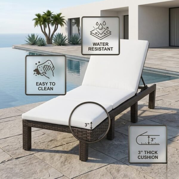 Outdoor poolside lounge chair with extended legs, striped towel, palm trees, and modern resort architecture.