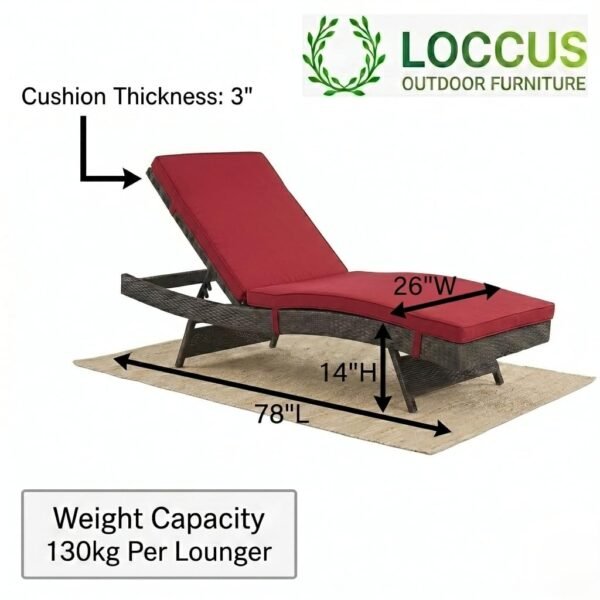 Modern outdoor lounge chairs with red cushions lined up beside pool, surrounded by landscaped tropical garden.