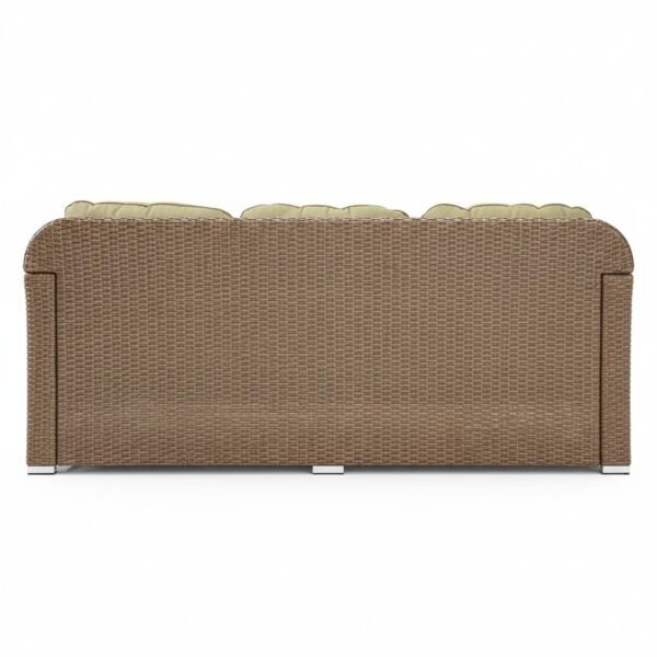 LOCCUS Outdoor Furniture Set, 4-piece sectional sofa with beige cushions and glass top center table.