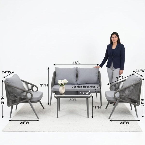 Elegant LOCCUS Rope Sofa Set featuring four seats, grey cushions, rustproof metal frame, and handwoven rope detailing. Comes with a stylish glass top table, ideal for outdoor use in gardens, patios, poolside decks, and balconies.