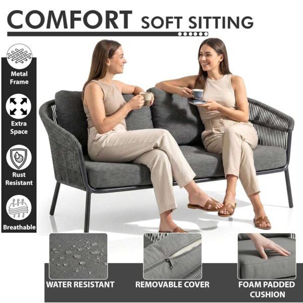 Handwoven Rope Patio Sofa Set by LOCCUS, 4-seater with weather-resistant cushions and square glass coffee table.