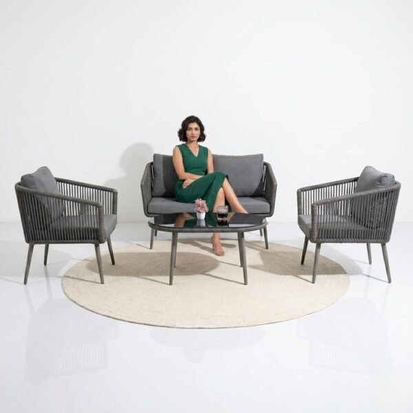 LOCCUS Outdoor Rope 4-Seater Sofa Set with water-repellent grey cushions, durable metal frame, and handwoven rope furniture. Comes with a glass top table, ideal for garden, patio, pool deck, or balcony outdoor living.