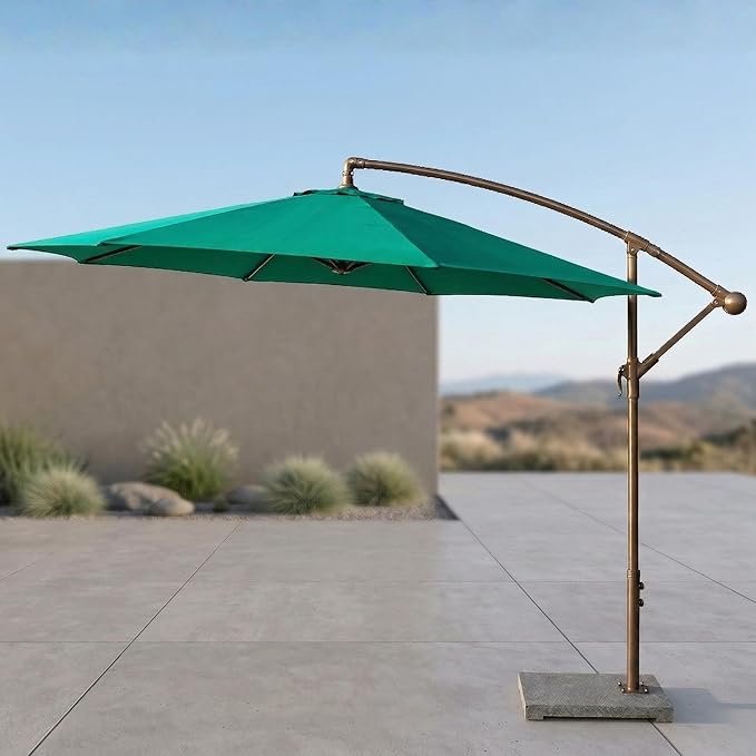 LOCCUS 9 Ft Outdoor Offset Cantilever Patio Umbrella with strong marble base and crank operation, waterproof UV resistant canopy, ideal for garden shade.