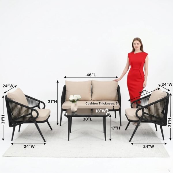 Elegant LOCCUS Rope Sofa Set featuring four seats, black and beige cushions, durable metal frame, and handwoven rope detailing. Comes with a stylish glass top coffee table, ideal for outdoor use in gardens, patios, poolside decks, and balconies.