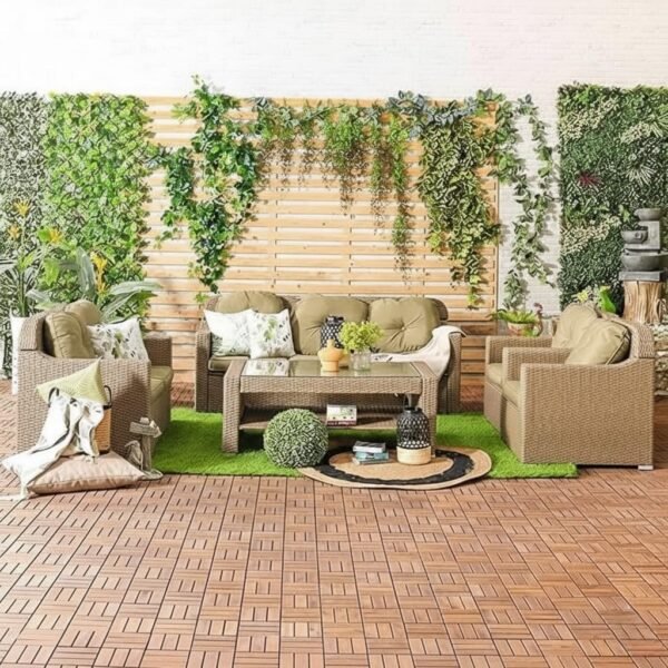 LOCCUS 4-Piece Outdoor Patio Sectional Sofa Set in Beige, HDPE wicker rattan furniture with washable cushions and glass center table, ideal for garden, poolside, balcony, or backyard.