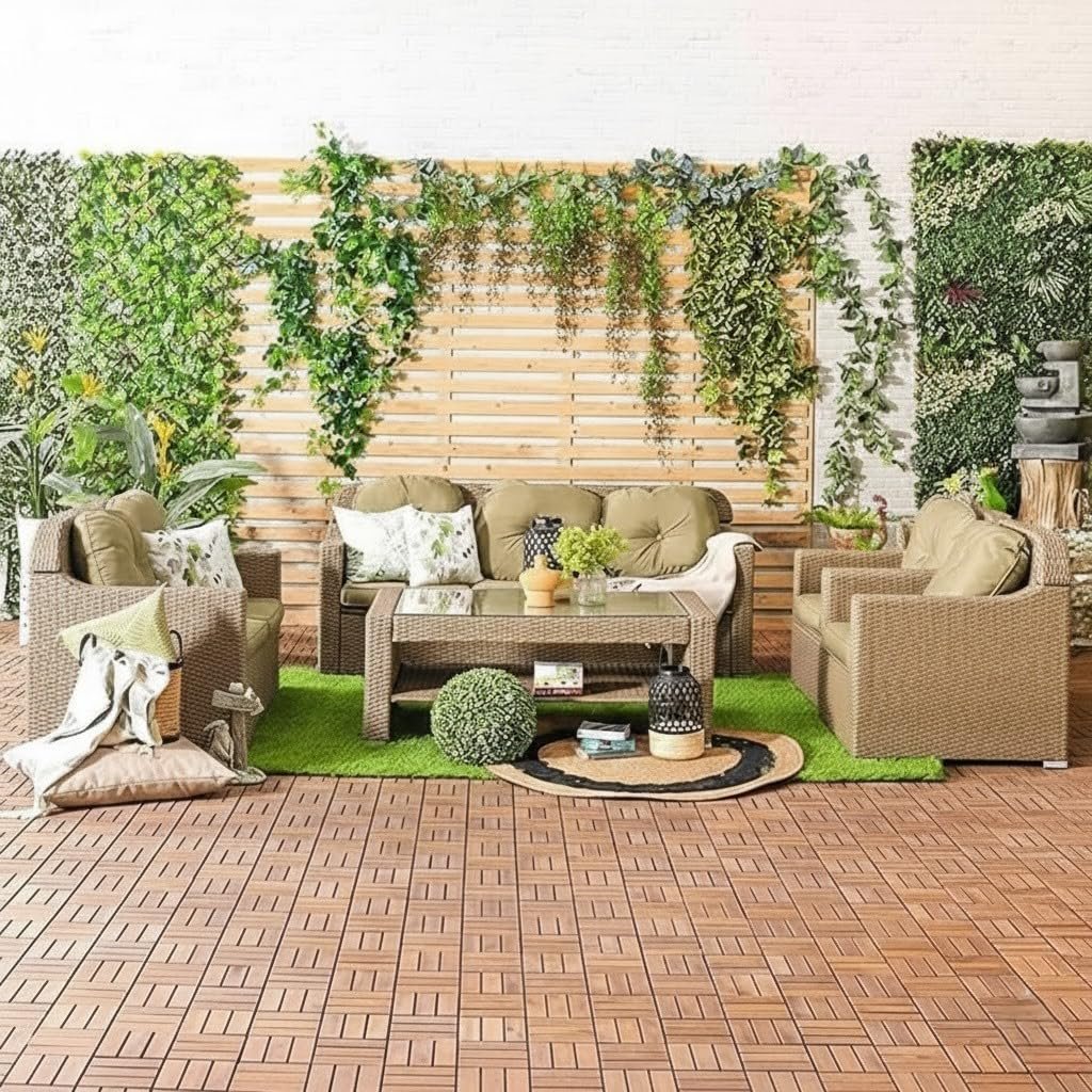 LOCCUS 4-Piece Outdoor Patio Sectional Sofa Set in Beige, HDPE wicker rattan furniture with washable cushions and glass center table, ideal for garden, poolside, balcony, or backyard.