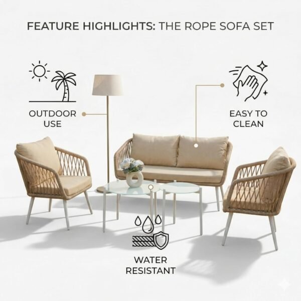 LOCCUS Outdoor Furniture Set, 4-seater rope sofa with weather-resistant cushions and glass top table.