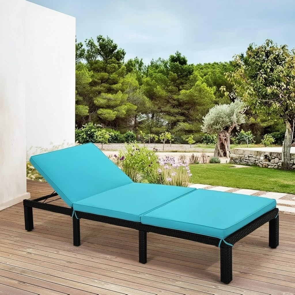 LOCCUS Adjustable Outdoor Chaise Lounge Chair with black frame and sky-blue waterproof cushions, perfect for poolside, garden, balcony, or deck relaxation.