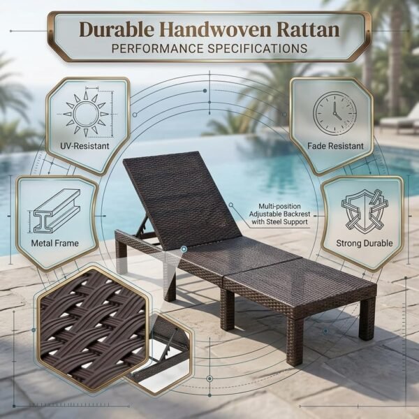 Poolside seating with cushioned recliner, palm trees, modern building, and vibrant tropical atmosphere.