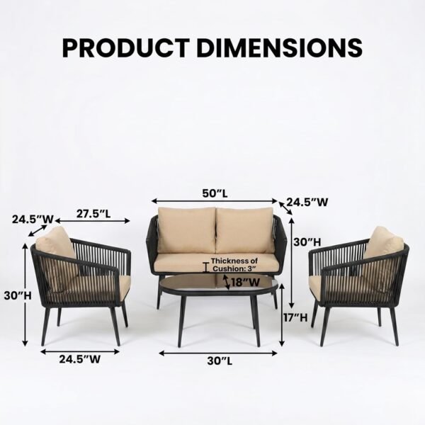 LOCCUS Outdoor Rope 4-Seater Sofa Set with Glass Top Table - Image 2