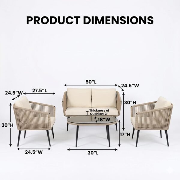 LOCCUS Outdoor 4 Seater Rope Sofa Set | All-Weather Resistant Cushions | Glass Top Center Table - Image 2