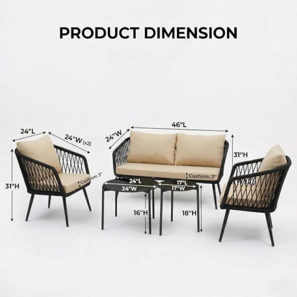 LOCCUS Outdoor 4 Seater Rope Sofa Set with Comfortable All Weather Resistant Cushions and Glass Top Center Table - Image 2