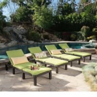 LOCCUS Set of 4 Outdoor Wicker Chaise Lounge Chairs, 5-position adjustable reclining sun loungers with removable waterproof cushions, ideal for patio, poolside, or garden relaxation.