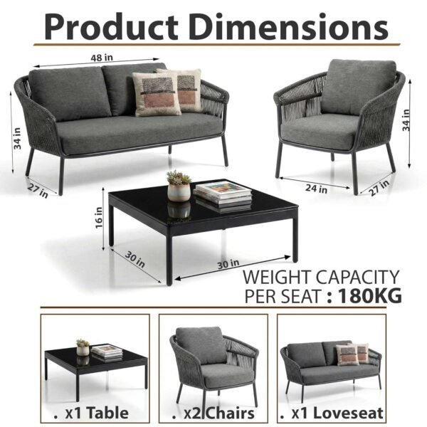 LOCCUS 4 Seater Outdoor Sofa Set with Center Table | Braid & Rope Garden Patio Conversation Furniture - Image 2