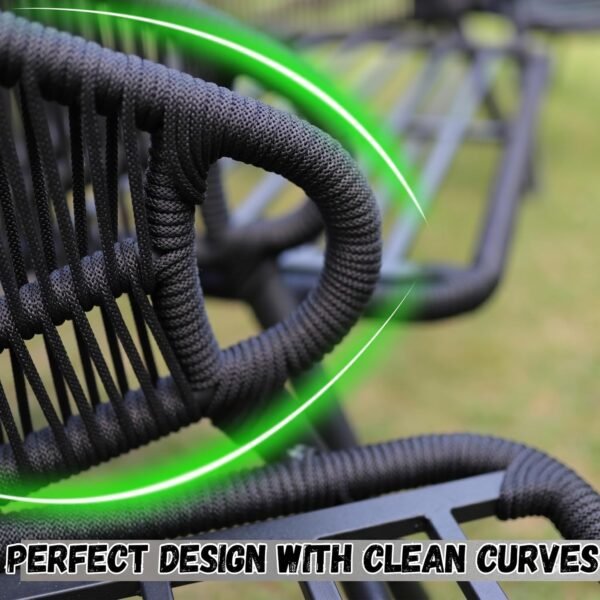 LOCCUS Outdoor Rope Sofa Set with four seats, black and beige cushions, durable metal frame, and handwoven rope design. Features a glass top coffee table, suitable for outdoor use in gardens, patios, poolside areas, and balconies.