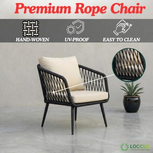 Modern LOCCUS Rope Sofa Set with four seats, black and beige cushions, durable metal frame, and handwoven rope detailing. Includes a glass top table, perfect for outdoor comfort in gardens, patios, pool decks, and balconies.