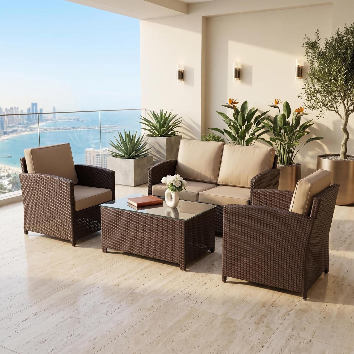 LOCCUS Outdoor Patio Sectional Sofa Set in Dark Brown & Cream, wicker furniture with washable cushions and glass center table, perfect for garden, poolside, or backyard seating.