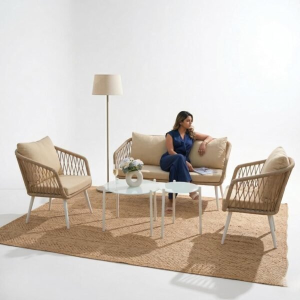 Elegant LOCCUS Rope Sofa Set, 4-seater outdoor furniture with water-repellent cushions and glass center table.