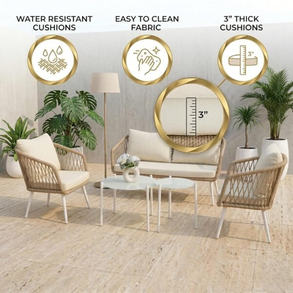 Stylish Beige & Off-White Rope Sofa Set, LOCCUS 4-seater patio furniture with durable metal frame.
