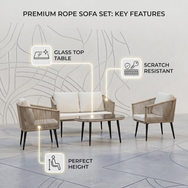 LOCCUS Outdoor 4 Seater Rope Sofa Set | All-Weather Resistant Cushions | Glass Top Center Table - Image 4