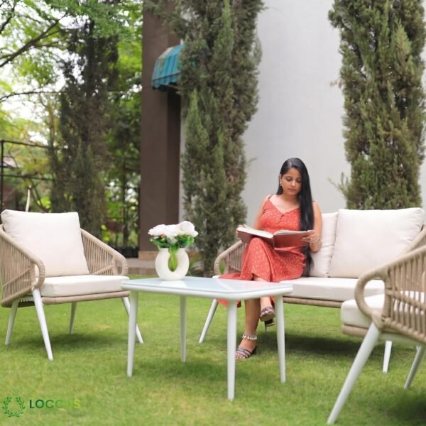 Handwoven Rope Patio Sofa Set, LOCCUS 4-piece lounge furniture with durable rattan frame and waterproof cushions.