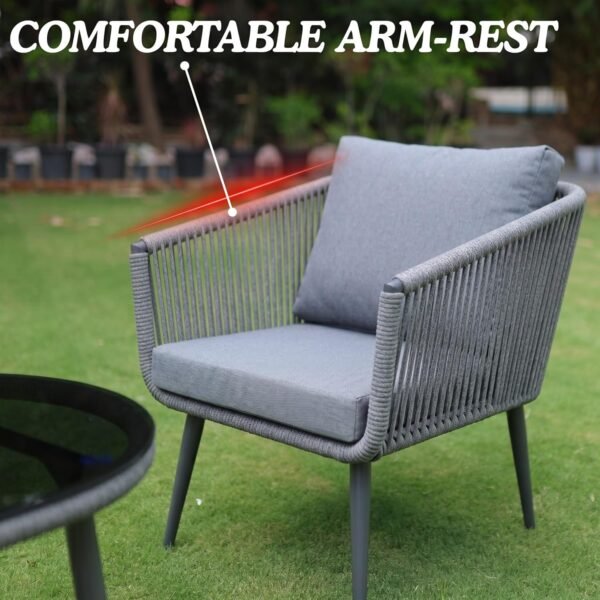 LOCCUS Outdoor Rope 4-Seater Sofa Set in grey with water-repellent cushions, durable metal frame, and handwoven rope design. Comes with a glass top table, ideal for outdoor furniture in garden, patio, pool deck, and balcony spaces.