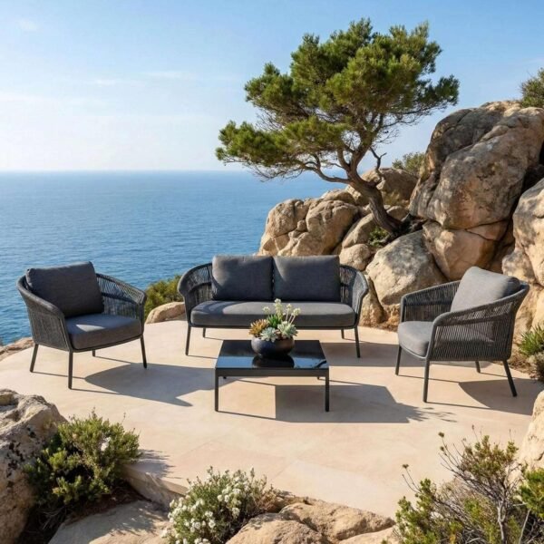 Garden Patio Rope Sofa Set, LOCCUS outdoor 4-seater with comfortable cushions and square glass table.