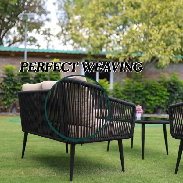 LOCCUS Outdoor Rope 4-Seater Sofa Set with water-repellent black and beige cushions, durable metal frame, and handwoven rope furniture. Comes with a glass top table, ideal for garden, patio, pool deck, or balcony outdoor living.