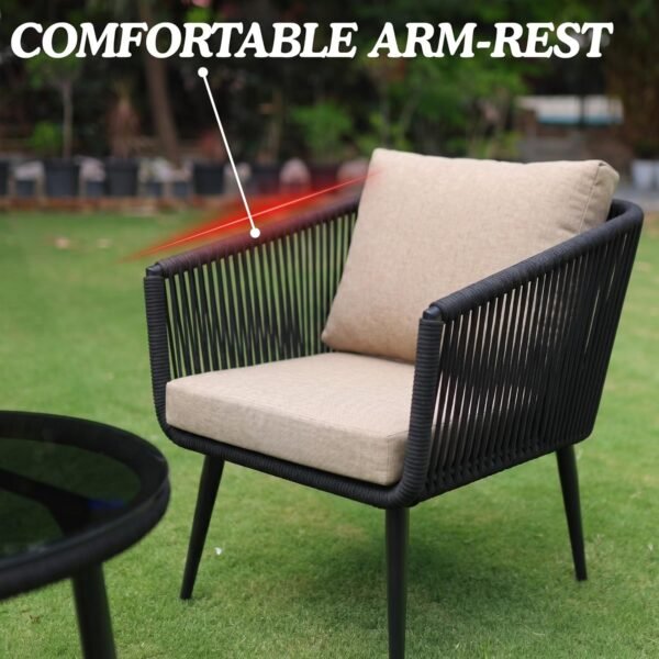 LOCCUS Outdoor Rope Sofa Set with four seats, black and beige cushions, durable metal frame, and handwoven rope design. Features a glass top table, suitable for outdoor use in gardens, patios, pool decks, and balconies.
