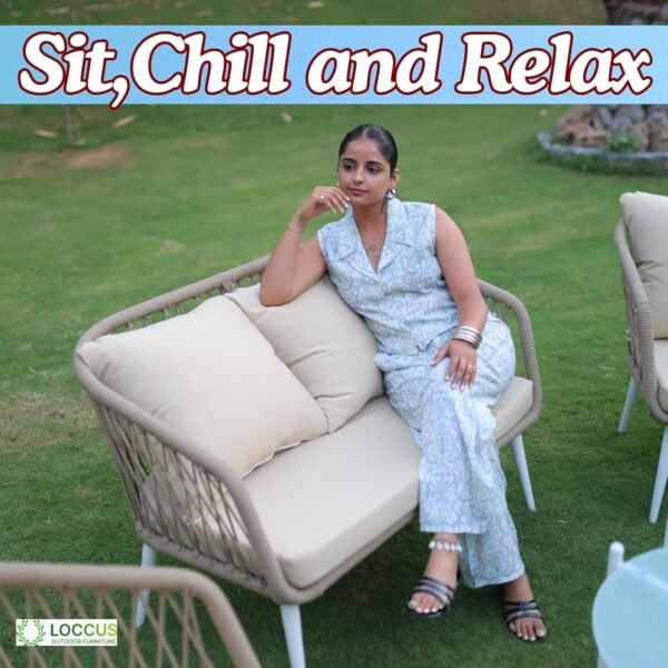 LOCCUS Rope Sofa Set, 4-seater outdoor patio furniture with handwoven design and glass coffee table.
