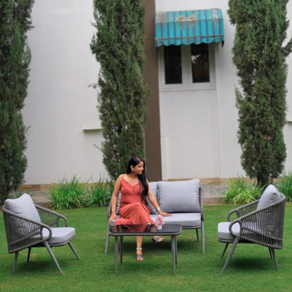 LOCCUS Outdoor Patio 4-Seater Rope Sofa Set in grey with handwoven rope design, durable metal frame, and water-repellent cushions. Includes a glass top table, perfect for garden, balcony, pool deck, or lawn outdoor seating.