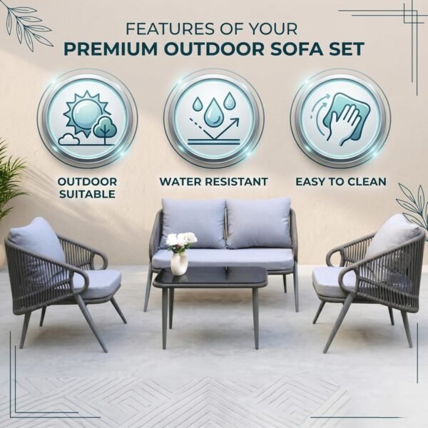 LOCCUS Outdoor Rope Sofa Set with four seats, grey cushions, durable metal frame, and handwoven rope design. Features a glass top table, suitable for outdoor use in gardens, patios, poolside areas, and balconies.
