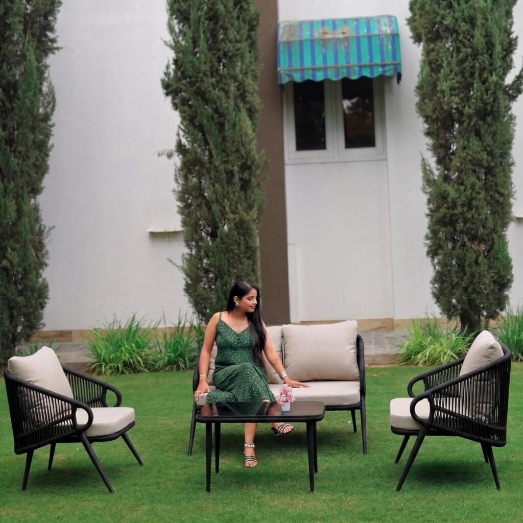LOCCUS 4-Seater Outdoor Rope Sofa Set in black and beige with water-resistant cushions, durable metal frame, and handwoven rope design. Includes a glass top coffee table, perfect for garden, patio, poolside, or balcony outdoor seating.