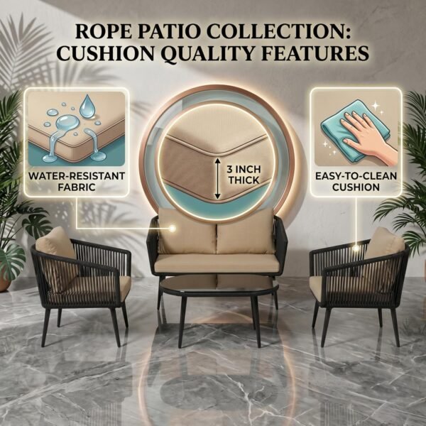Stylish LOCCUS Rope Sofa Set featuring four seats, black and beige cushions, durable metal frame, and handwoven rope design. Includes a glass top table, perfect for outdoor gatherings in gardens, patios, poolside areas, or balconies.