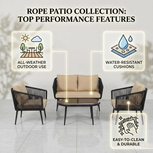 LOCCUS Outdoor Rope Sofa Set with four seats, black and beige cushions, durable metal frame, and handwoven rope design. Features a glass top table, suitable for outdoor use in gardens, patios, pool decks, and balconies.