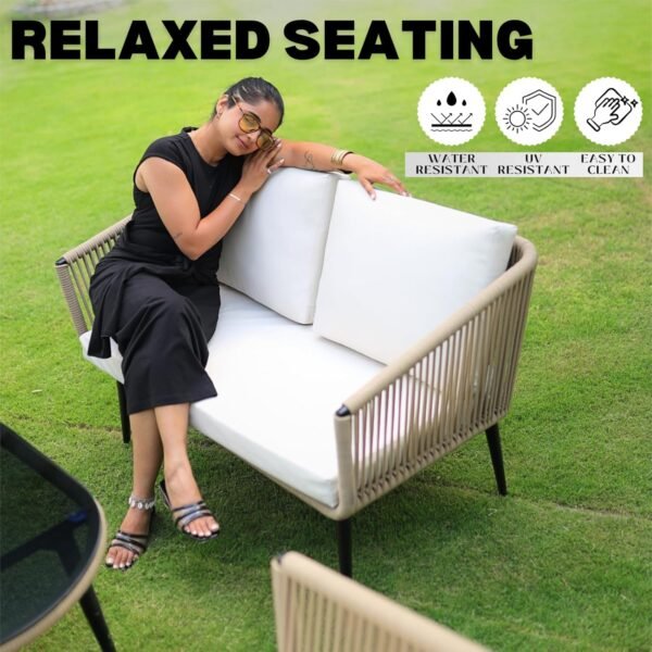 Elegant LOCCUS Rope Sofa Set for outdoor use, seating four with beige and off-white cushions. Features a durable metal frame, handwoven rope design, and a stylish glass top center table. Perfect for gardens, patios, poolside areas, or balconies. Cushions are water-repellent and built for all-weather durability.