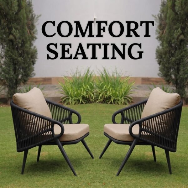 LOCCUS Outdoor Rope 4-Seater Sofa Set with water-resistant black and beige cushions, durable metal frame, and handwoven rope furniture. Comes with a glass top coffee table, ideal for garden, patio, poolside, or balcony outdoor living.