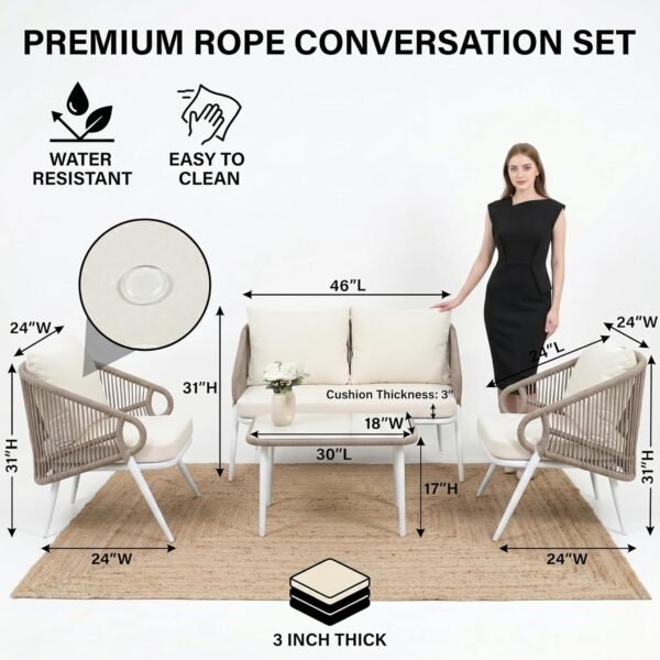 Elegant LOCCUS Rope Sofa Set, 4-piece outdoor and indoor furniture with water-resistant cushions and coffee table.