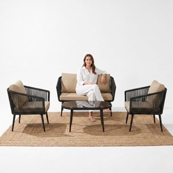 LOCCUS Outdoor Rope Sofa Set with seating for four, black and beige cushions, and a sleek glass top table. Built with a strong metal frame and handwoven rope, designed for garden, patio, pool deck, and balcony relaxation.